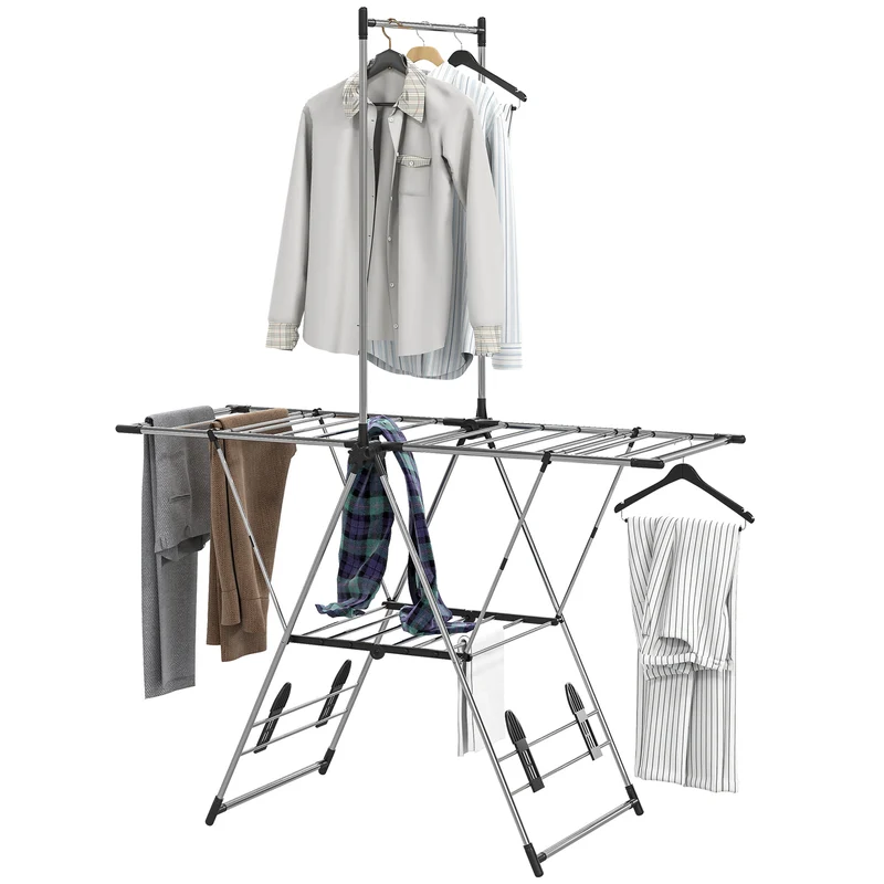 Séchoir à linge pliable 139 x 62.5 x 201 cm ailes réglables 5 niveaux compact moderne épuré en acier inoxydable argenté 21_0005885