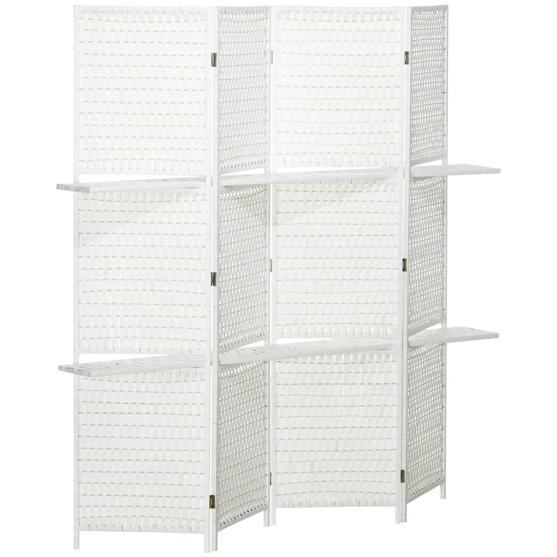 Paravent séparateur 4 panneaux 181 x 180 x 1,6 cm pliable 2 étagères intimité scandinave en bois de pin blanc paille 21_0001251