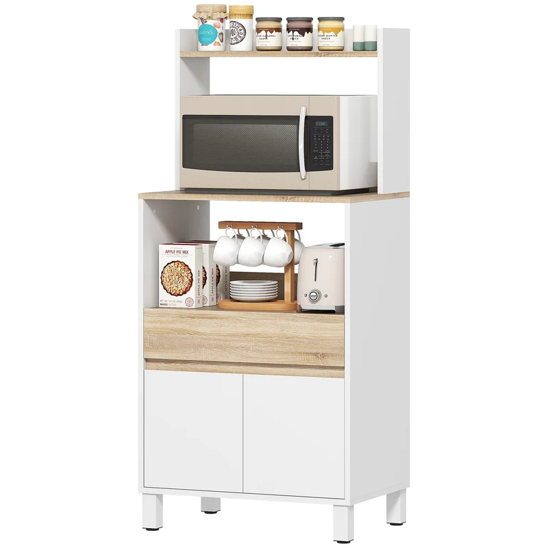 Meuble pour micro-ondes 60 x 40 x 131 cm rangement compact sécurisé avec tiroir scandinave en panneau de particules blanc 21_0003197