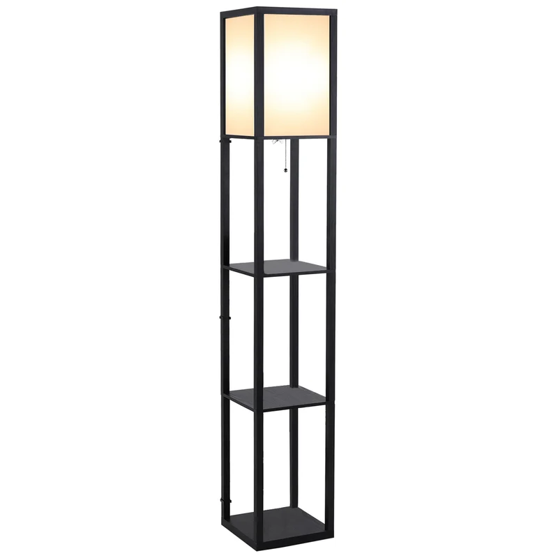 Lampadaire étagère salon 26 x 26 x 160 cm rangement 3 étagères éclairage intégré design contemporain élégant en MDF noir 21_0001744