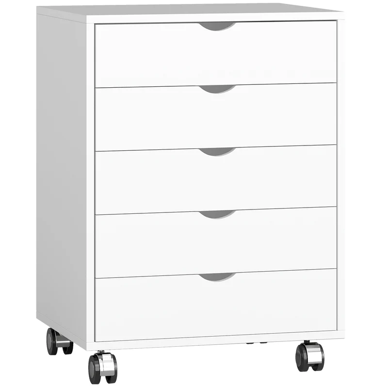 Caisson de bureau mobile 50 x 40 x 68 cm 5 tiroirs rangement idéal pour dossiers a3 roulettes moderne épuré en MDF blanc 21_0006408
