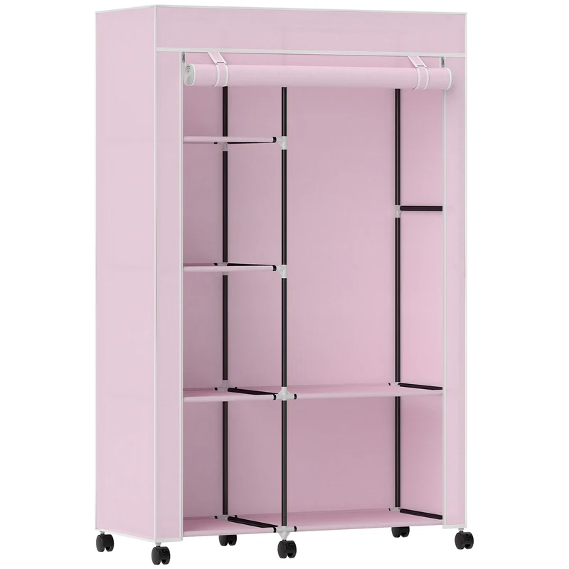 Armoire penderie gain de place sur roues 103 x 43 x 162,5 cm anti-poussière rangement épuré avec tringle en tissu rose 21_0005827