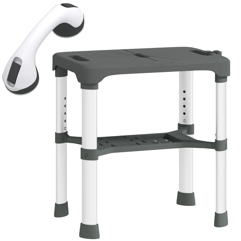 Tabouret de douche 46 x 33 x 39-49 cm hauteur réglable étagère avec barre ventouse épuré contemporain en aluminium gris 21_0000855