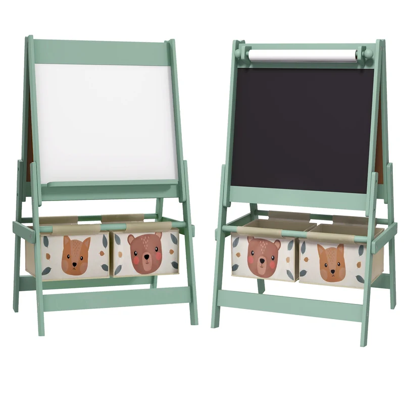Tableau chevalet enfant 54 x 46,5 x 93 cm 3 en 1 ardoise double face rouleau 2 paniers rangement moderne en bois vert 21_0000703