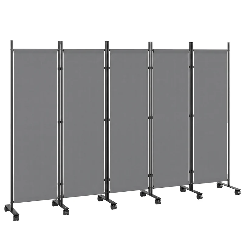 Paravent 5 panneaux 252 x 40 x 170 cm avec 12 roulettes autoportant pour salon bureau design épuré en acier gris foncé 21_0005696