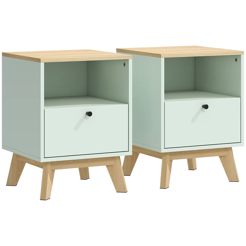 Lot de 2 tables de chevet 40 x 40 x 55 cm tiroir et étagère ouverte plateau effet chêne moderne scandinave en MDF vert 21_0003791