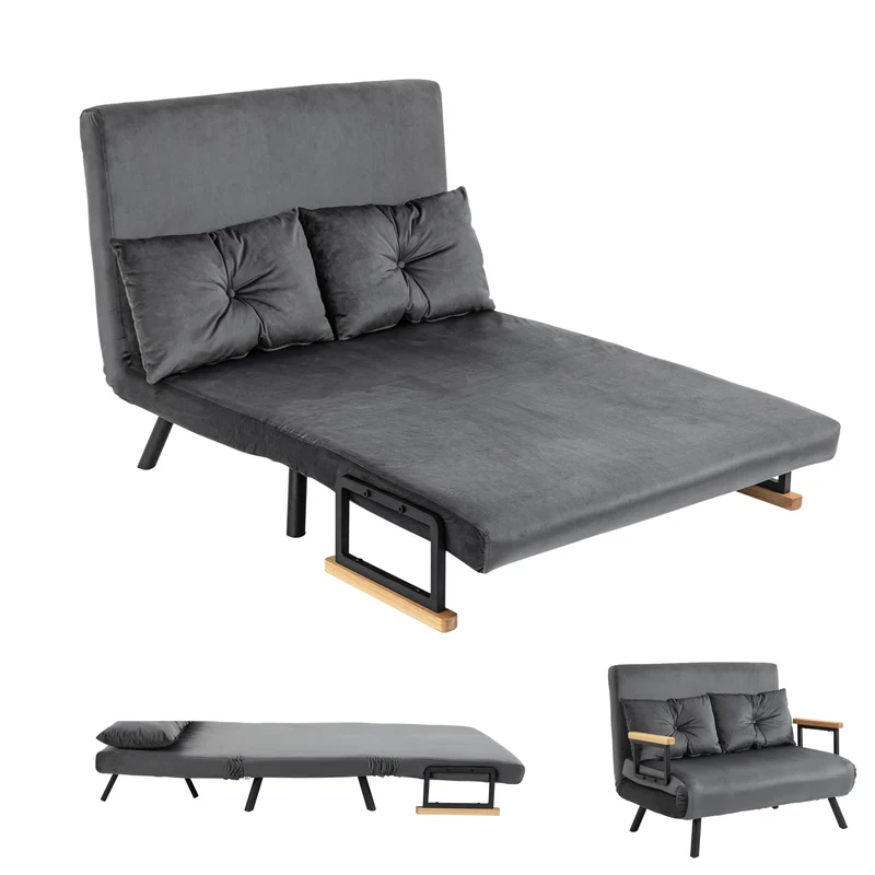 Canapé convertible 2 places lit 102 x 73 x 81 cm dossier réglable en 5 positions 2 coussins moderne en polyester gris 21_0003140