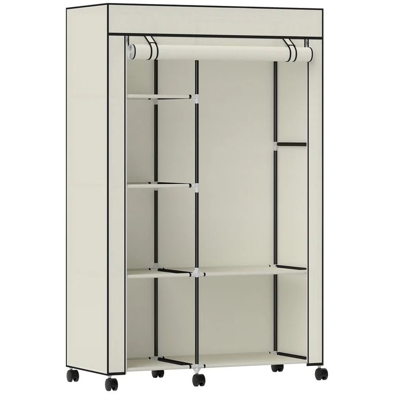 Armoire penderie compacte 103 x 43 x 162,5 cm avec tringle et étagères 6 roulettes pratique style épuré en tissu crème 21_0005825