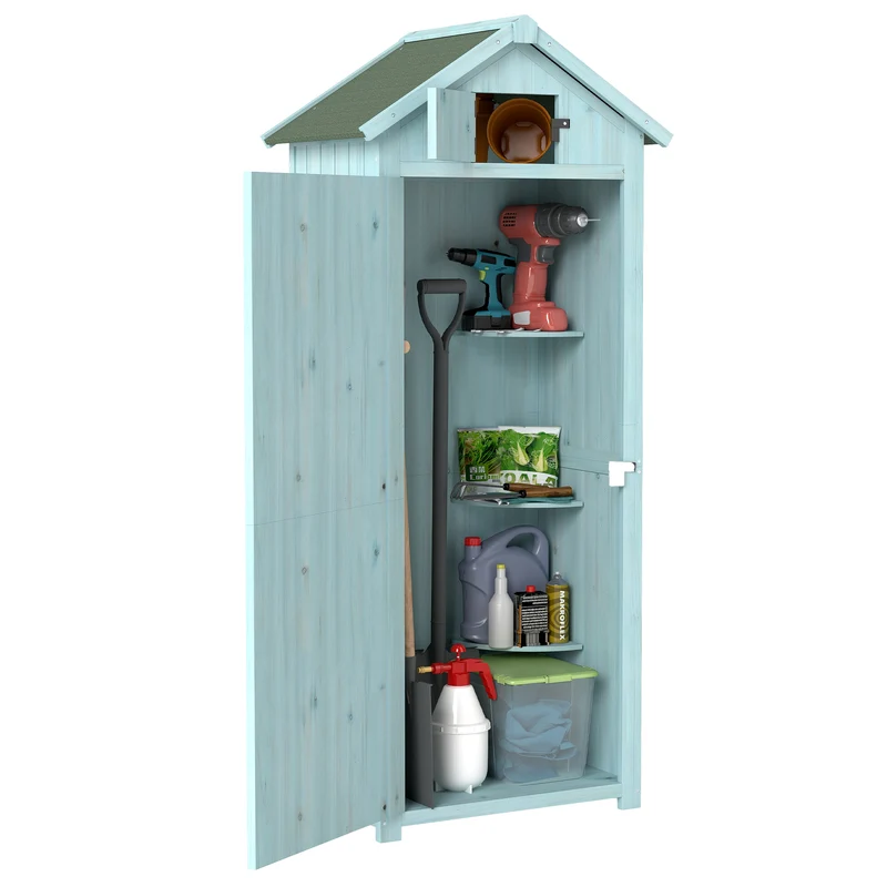Armoire de jardin petit chalet 77 x 54 x 179 cm rangement 3 étagères portes verrouillables vintage rustique en bois bleu 21_0004087