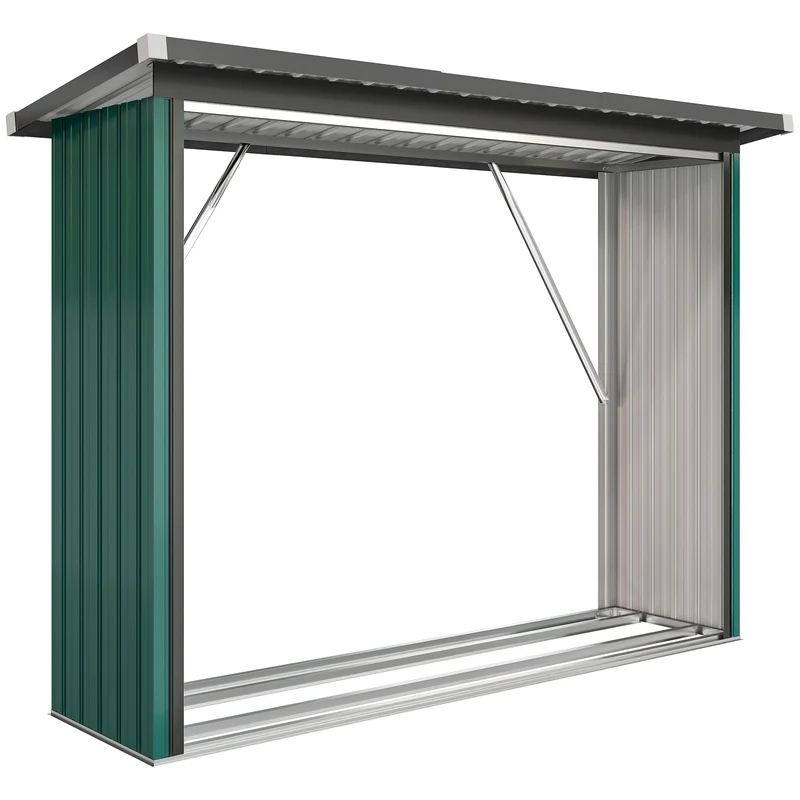 Abri-bûches pour bois 213 x 66,5 x 150 cm plancher surélevé toit incliné rustique compact jardin en acier galvanisé vert 21_0005581