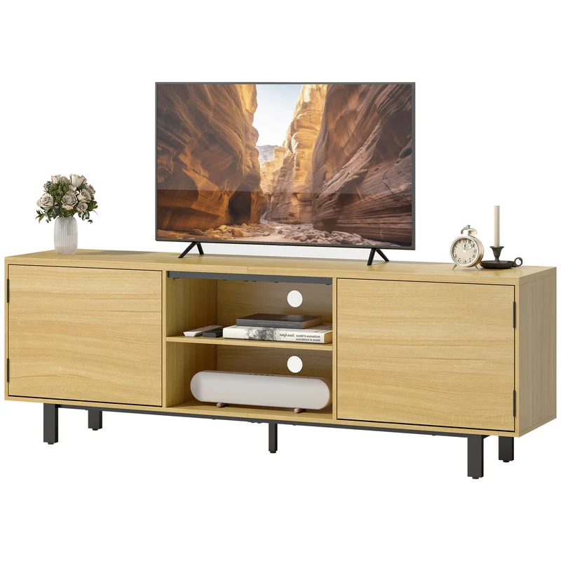 Meuble tv salon 160 x 35 x 55,5 cm rangement fermé et étagères ouvertes style épuré en panneau de particules bois naturel 21_0003628