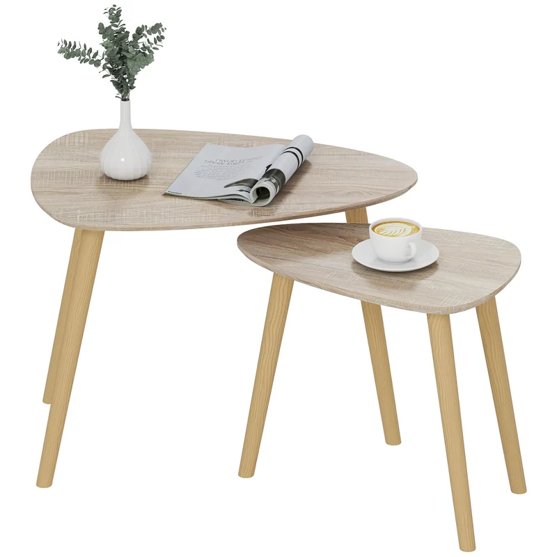 Lot de 2 tables basses gigognes triangulaires salon 59.5 x 39.5 x 45 cm gain de place scandinave épuré en MDF naturel 21_0003060