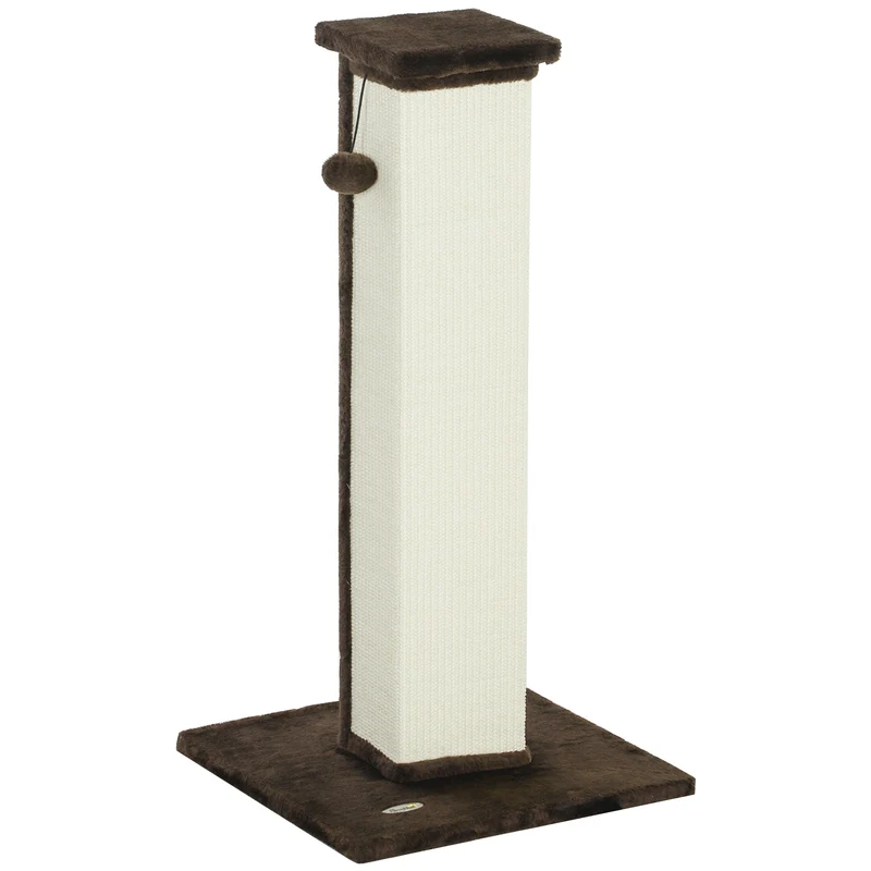 Griffoir pour chat intérieur salon 41 x 41 x 81 cm base stable avec balle suspendue classique décoratif en sisal marron 21_0007691