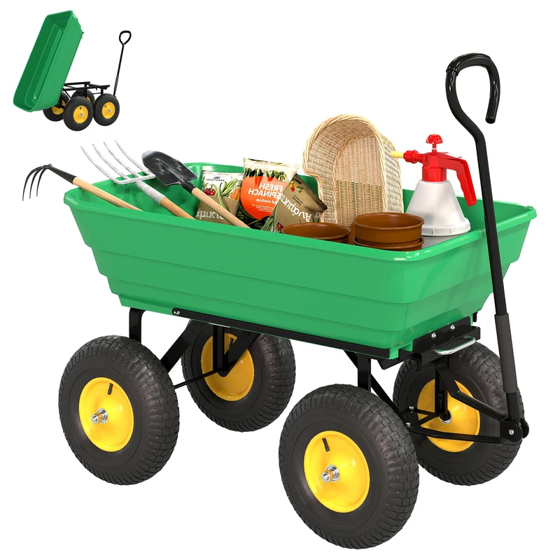 Chariot de jardin à main benne basculante 75 L 109 x 52 x 94 cm déchargement aisé roues pneumatiques rustique en PP vert 21_0004255