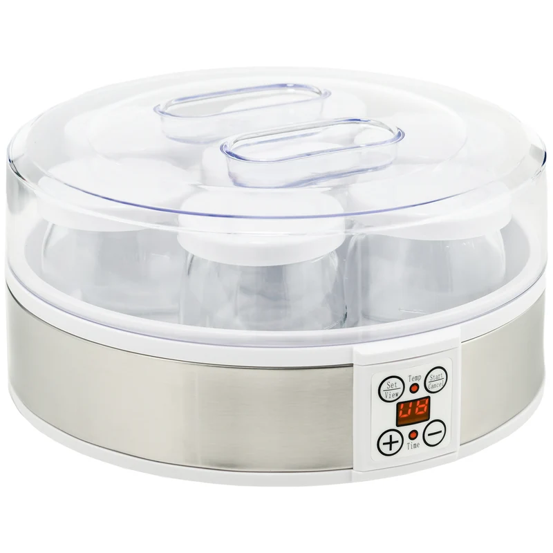 Yaourtière électrique 7 pots 24 x 24 x 13 cm thermostat réglable et minuterie 48 h moderne en acier inoxydable blanc 21_0000943