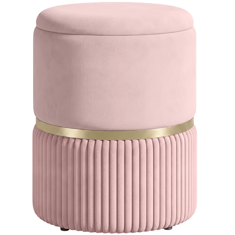Pouf coffre rond d'appoint et repose-pieds 36 x 36 x 44 cm rangement pratique assise moelleuse design en velours rose 21_0002932