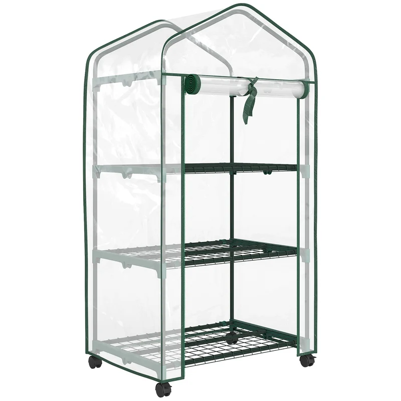 Mini serre de jardin 69 x 49 x 130 cm 3 étagères sur roulettes porte enroulable épuré contemporain en PVC transparent 21_0005436
