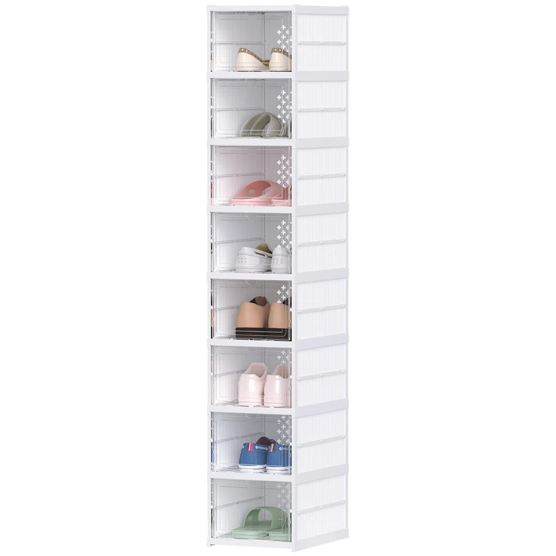 Lot de 8 boîtes à chaussures pliables empilables 26 x 35 x 140 cm gain de place porte transparente moderne en PP blanc 21_0002741