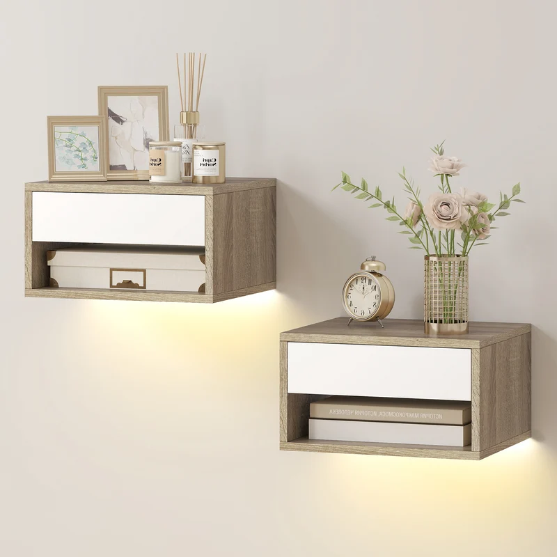 Lot de 2 tables de chevet suspendues 37 x 32 x 21 cm led multicolore tiroir moderne épuré en panneau de particules blanc 21_0003763