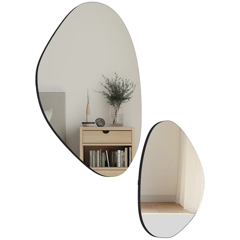 Lot de 2 miroirs muraux forme galet 70 x 46 cm et 49,5 x 31 cm décoratif moderne cosy accrochage multiple en verre noir 21_0003712