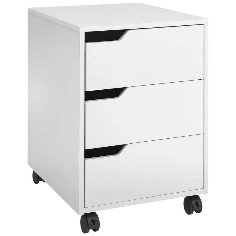 Caisson de bureau mobile 40 x 50 x 57.5 cm 3 tiroirs roulettes freins idéal sous bureau style moderne épuré en MDF blanc 21_0002390
