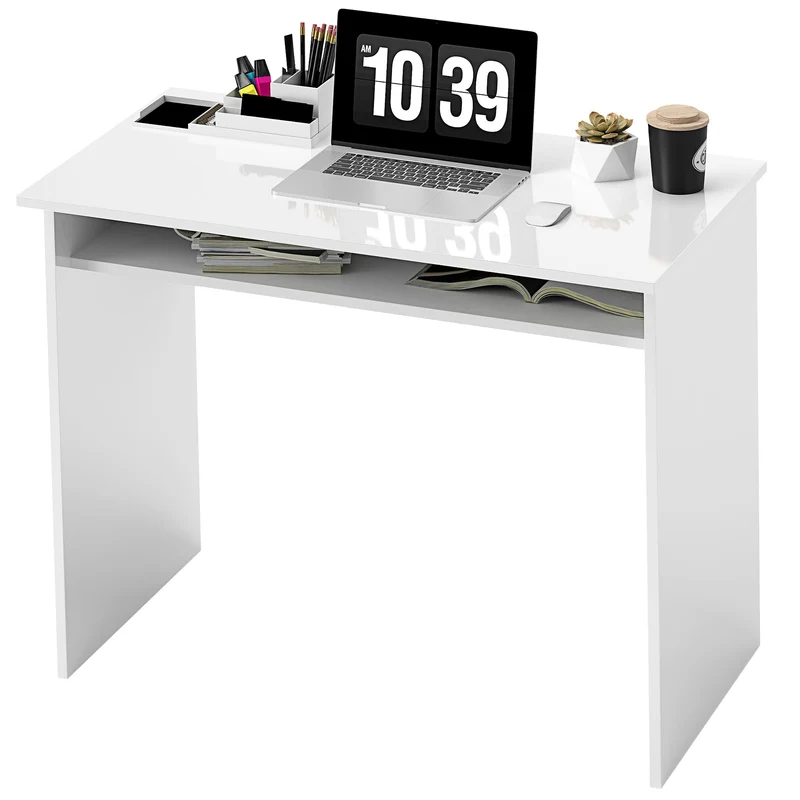 Bureau informatique 90 x 50 x 74 cm avec étagère de rangement robuste moderne en panneaux de particules blanc laqué 21_0002387