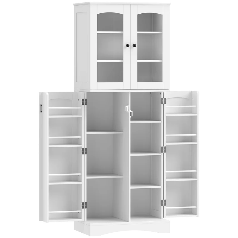 Buffet haut vaisselier cuisine 60 x 40 x 162 cm grand espace portes vitrées étagères réglables moderne en MDF blanc 21_0003398