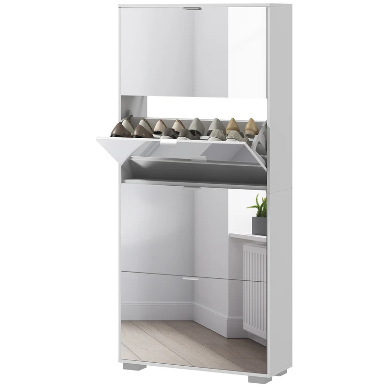 Meuble à chaussures d'entrée étroit 76 x 26 x 168 cm rangement modulable miroir moderne en panneau de particules blanc 21_0002717
