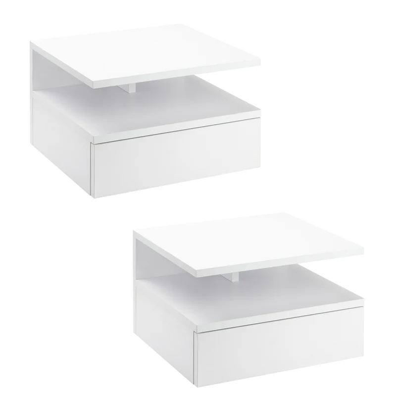Lot de 2 tables de chevet murales 35 x 32 x 22,5 cm tiroir et niche gain de place moderne en panneau de particules blanc 21_0001453