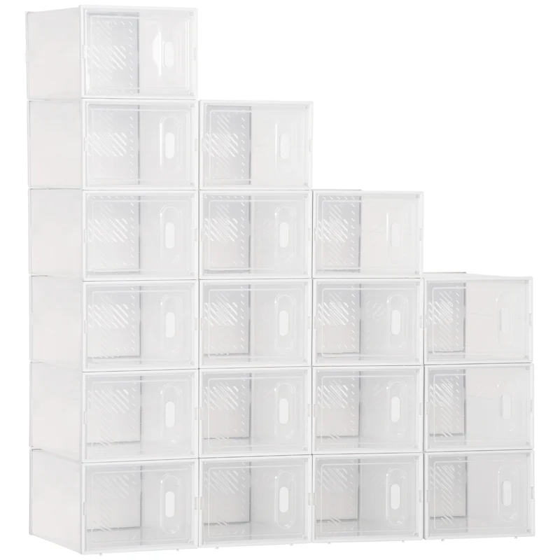 Lot de 18 boîtes cube modulables rangement chaussures 25 x 35 x 19 cm portes transparentes empilables épuré en PP blanc 21_0005801