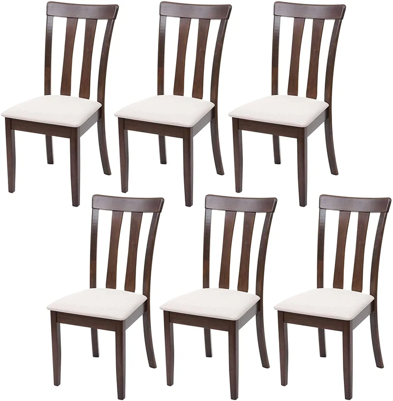 Lot de 6 chaises de salle à manger en bois massif marron foncé et assise en tissu crème CDS04664