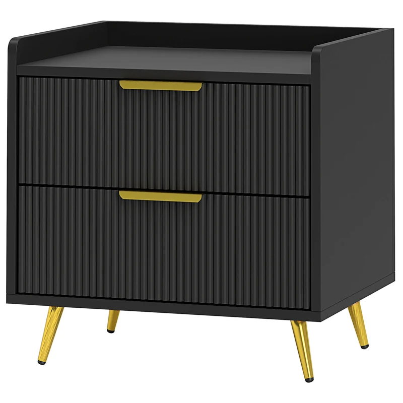 Table de chevet 50 x 40 x 50 cm avec 2 tiroirs rainurés rangement sécurisé anti-basculement moderne épuré en MDF noir 21_0001640