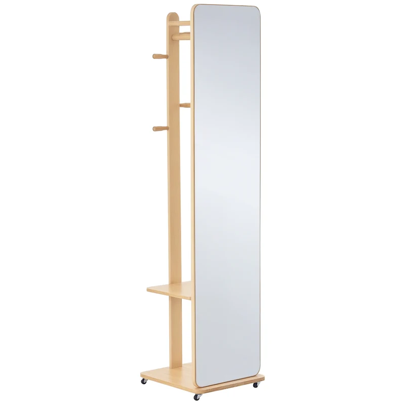 Miroir sur pied portant 40 x 44.5 x 170 cm étagère 4 patères roulettes gain de place style scandinave en MDF bois clair 21_0001477
