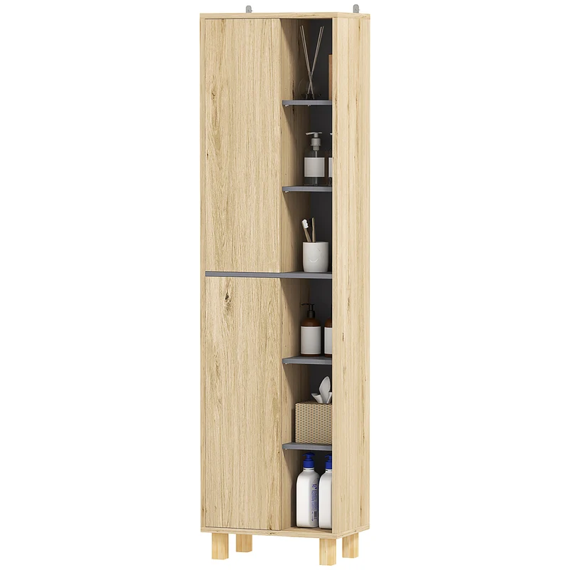 Meuble colonne salle de bain 40 x 24 x 148 cm six niches 2 portes rangement sans poignée moderne en MDF bois naturel 21_0002049