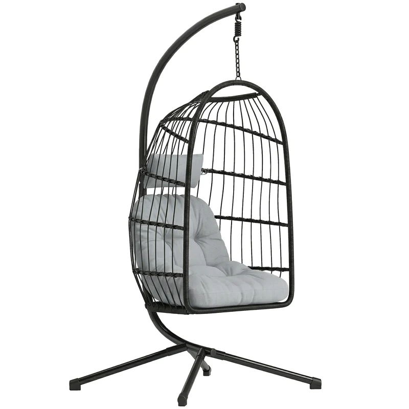 Fauteuil œuf suspendu 101 x 105 x 196 cm coussin épais pliable sangle sécurité scandinave en résine tressée gris clair 21_0006091
