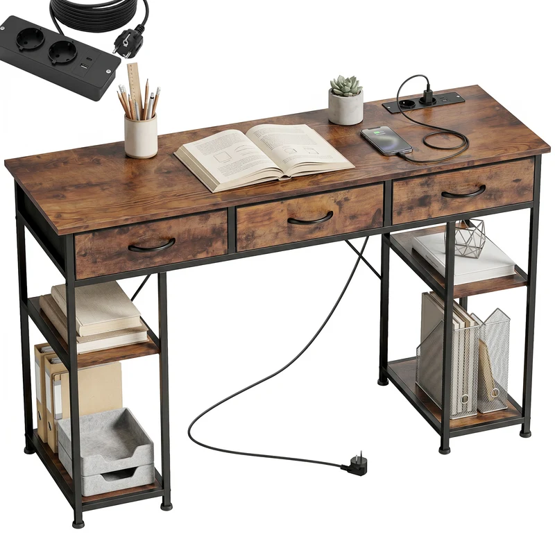 Bureau avec rangement 120 x 40 x 76 cm prises usb intégrées 3 tiroirs 4 étagères style moderne en bois d'ingénierie brun 21_0002538