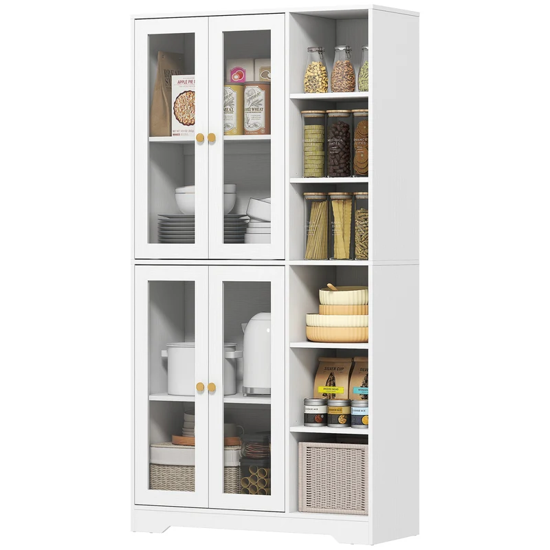 Buffet haut cuisine vitrine 90 x 35 x 172 cm rangement modulable fermeture douce contemporain scandinave en MDF blanc 21_0003346
