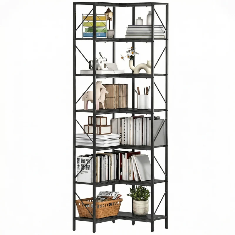 Bibliothèque d'angle 60 x 60 x 198 cm rangement optimisé anti basculement industriel contemporain salon en bois noir 21_0002535