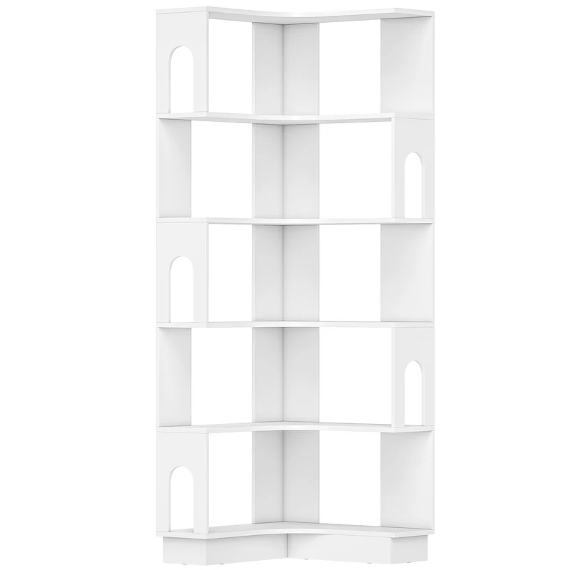 Bibliothèque d'angle 60 x 60 x 165,5 cm gain de place 6 niveaux rangement moderne épuré en panneaux de particules blanc 21_0003000