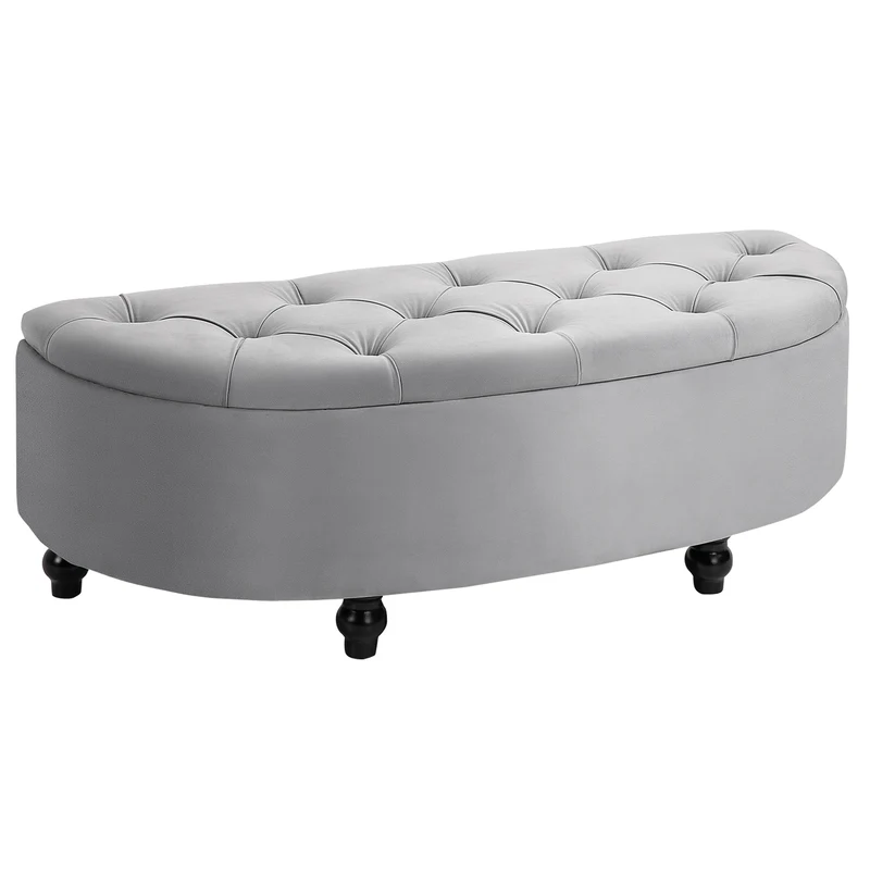Banc de rangement demi cercle 120 x 46 x 42 cm rangement coffre capitonné avec style classique chic en velours gris clair 21_0001488