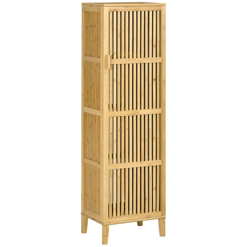 Armoire colonne salle de bain 40 x 30 x 140 cm 4 étagères sécurité anti-basculement moderne épuré en bambou naturel 21_0002895