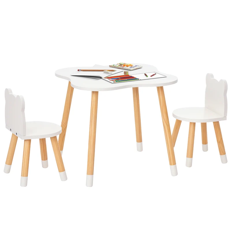 Ensemble table et chaises enfant 56 x 56 x 50 cm grand plateau sécurisé scandinave décoratif motif ourson en MDF blanc 21_0000189