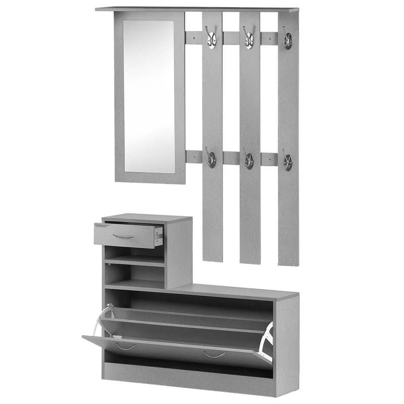 Ensemble meuble d'entrée vestiaire miroir rangement chaussures 90 x 24 x 91 cm moderne en panneau de particules gris 21_0001409