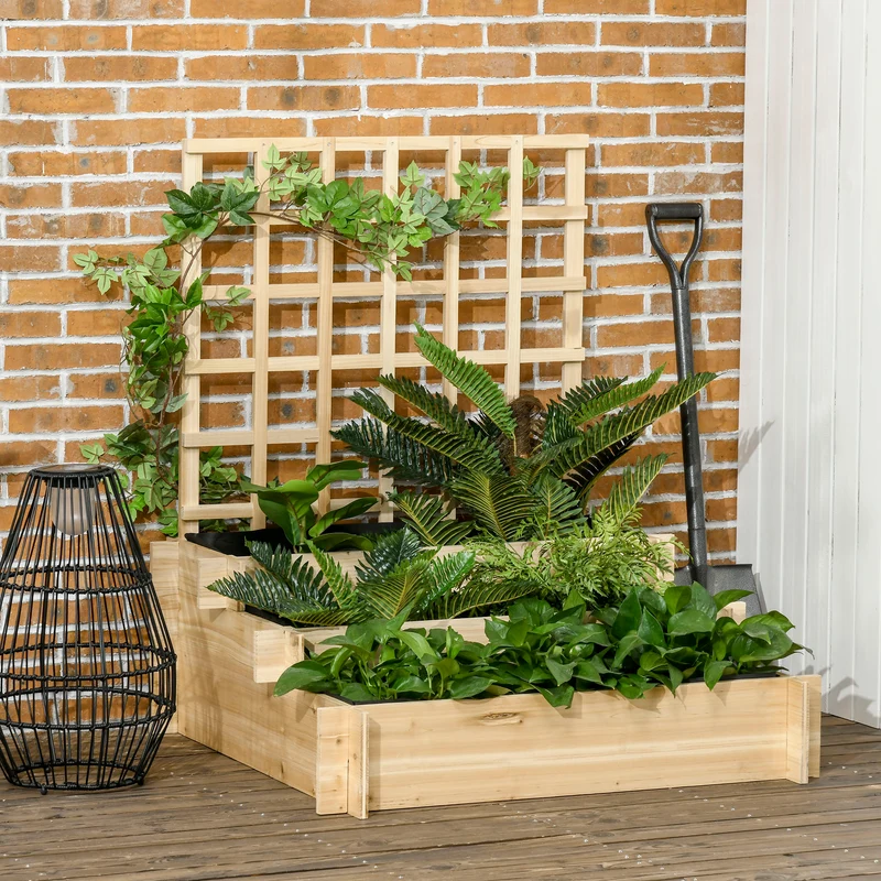 Carré potager 3 niveaux 95 x 95 x 110 cm treillis pour plantes grimpantes style rustique stable en bois de sapin naturel 21_0004313