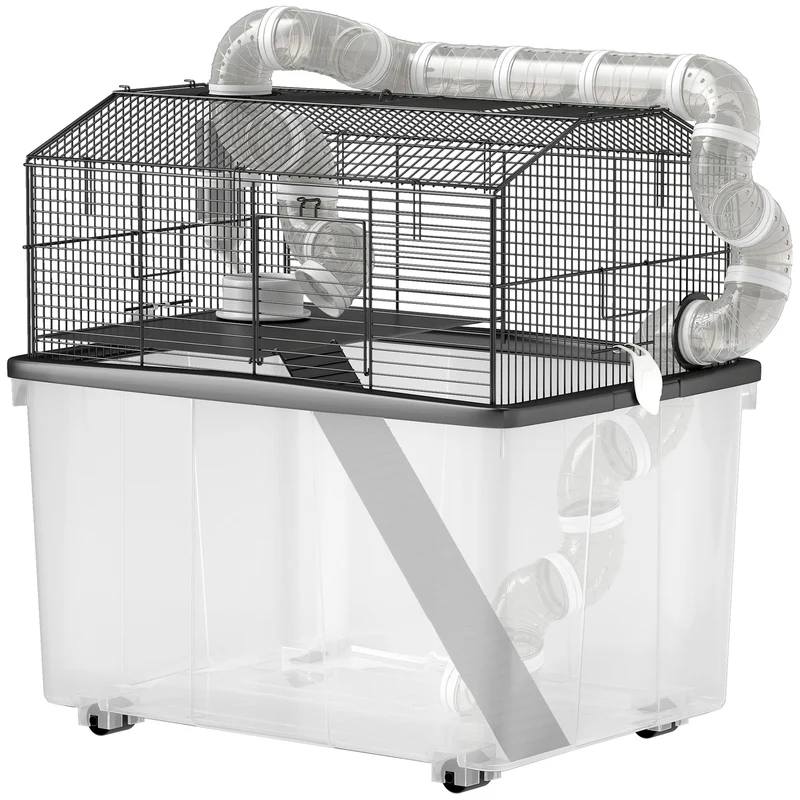 Cage pour hamster portable à deux niveaux 58 x 43 x 57 cm tubes ludiques plateau amovible moderne épuré en acier noir 21_0008003