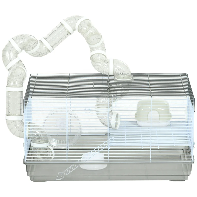 Cage pour hamster multiniveau 58 x 32 x 31 cm avec tunnel et roue d'exercice moderne design sécurisée en acier gris 21_0007988