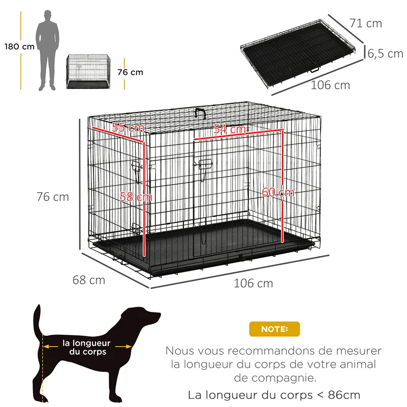 Cage de transport pliante pour chien 106 x 71,5 x 76 cm 2 portes plateau amovible pliable contemporain en acier noir 21_0007205