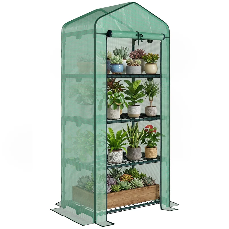 Serre de jardin balcon 70 x 50 x 160 cm protection intempéries insectes 4 étagères porte zippée moderne en PVC vert 21_0004095