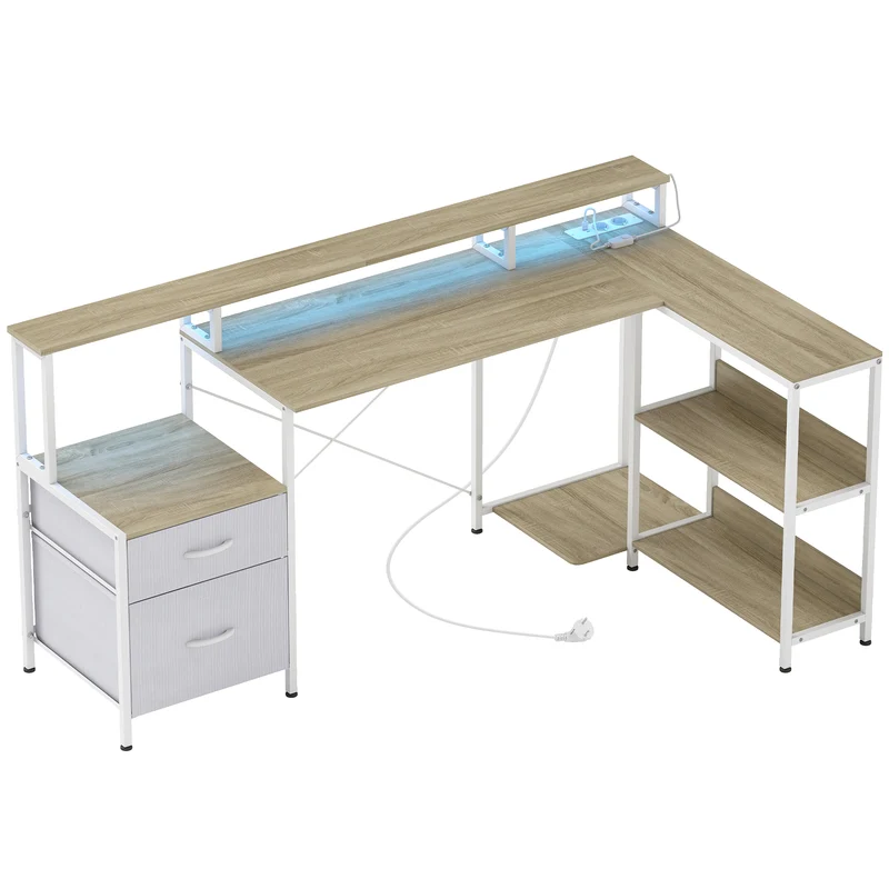 Bureau d'angle 172 x 100 x 89 cm support écran prises usb led rvb 2 tiroirs ergonomique moderne design en panneau blanc 21_0006143