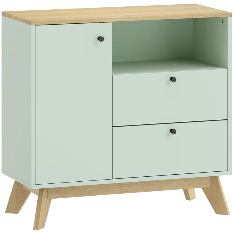 Buffet bas salon cuisine entrée 80 x 35 x 76,3 cm 2 tiroirs étagère réglable finition mate scandinave en MDF vert clair 21_0003656